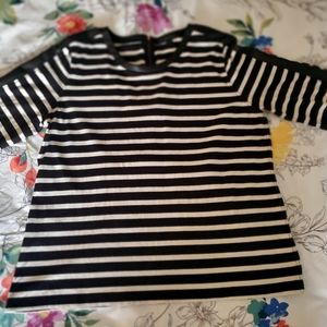 J. Crew Shirt 3/4 sleeve. Black/White stripe with "Leather trim" Size XL
